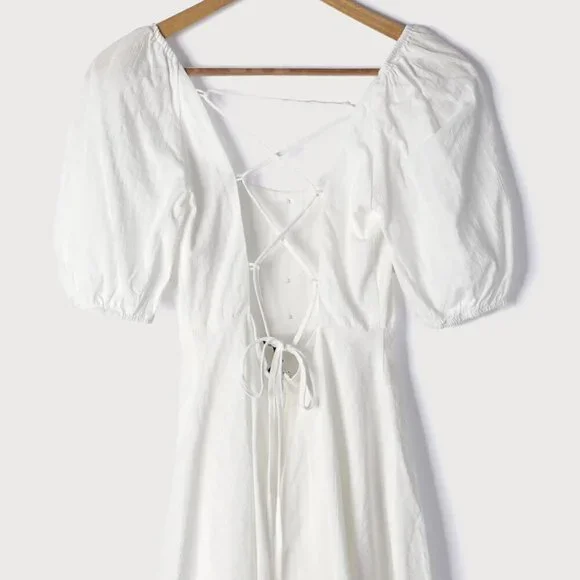 NWT Lulus Endearing Looks Ivory Puff Sleeve Lace-Up Mini Dress (size S) - Picture 6 of 8